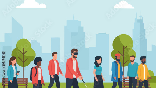 Diverse People and Blind Man in City Park