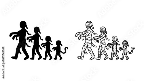 Fotografie Mummy Family March: A playful illustration depicts a family of mummies, silhouettes on the left and line art on the right, taking a unified stroll, hinting at Halloween festivities and spooky fun