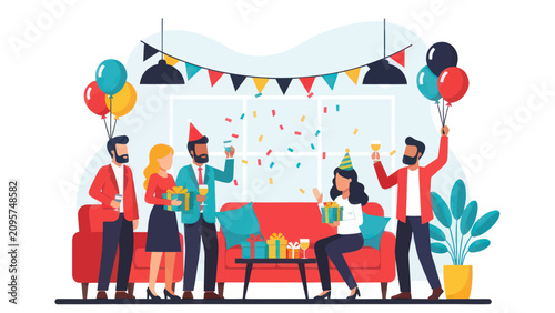 Friends Celebrating Birthday Party at Home Illustration