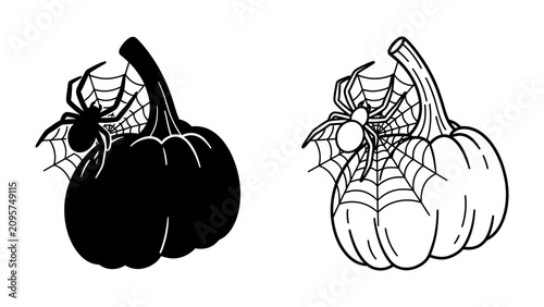 Tableau sur toile Halloween Pumpkin and Spider Duo: A festive pairing of a plump pumpkin adorned with a spiderweb and a watchful spider
