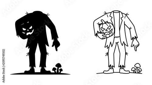 Tableau sur toile Scarecrow with Pumpkin Head Silhouette and Outline: A spooky scarecrow, depicted in both a solid black silhouette and a clear outline drawing