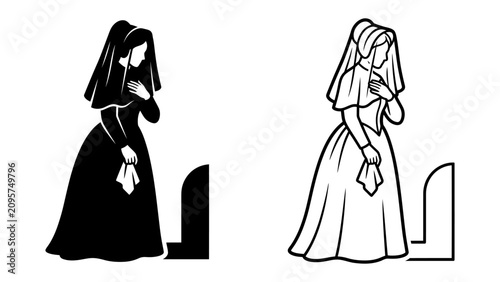 Canvas Print Mourning Woman at Gravestone: A solemn woman dressed in mourning attire stands before a gravestone, clutching a handkerchief, embodying grief and remembrance