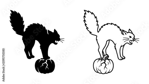 Foto Halloween Cat and Pumpkin: A black cat and a white cat stand defensively on a pumpkin, with their fur on end and arched backs, embodying the spirit of Halloween