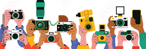 Konstfotografi Hands Holding Diverse Retro Cameras and Mobile Phones Vector Illustration for Ph