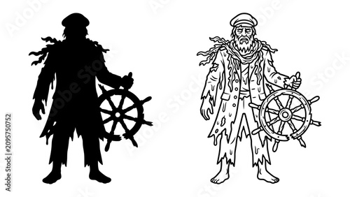 Φωτογραφία Ghostly Mariner with Ship Wheel: A silhouetted and illustrated apparition of a seafaring captain, tattered and ethereal, clutches a weathered ship's wheel, evoking mystery and maritime lore