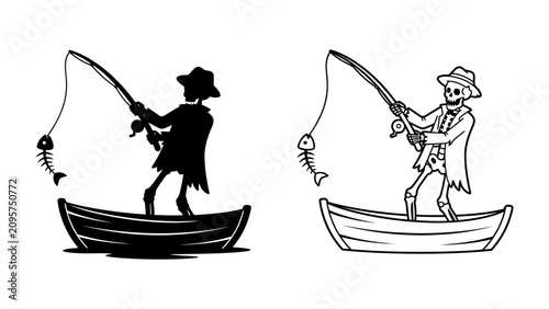 Konstfotografi Skeleton Fisher on a Boat: A skeleton in a hat and suit fishes from a boat, reeling in a fish skeleton