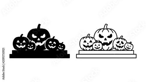Obraz na płótnie Halloween Pumpkin Silhouette Duo: A pair of stylized illustrations featuring carved pumpkins with spooky faces, arranged on tiered steps, ready for Halloween festivities