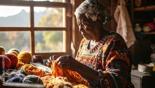 Elderly Black Woman Knitting Warmly, Crafting Hobby in Cozy Rustic Home with Natural Light