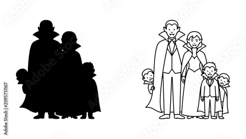 фотографія Gothic Family Portrait: A stylized illustration depicts a vampire family—father, mother, and two children—standing together in formal attire, ready for a night of mystery