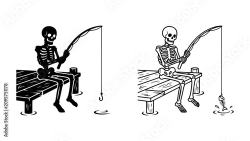 Quadro su tela Skeleton Angler: A skeletal figure patiently fishes from a wooden dock, anticipation in its empty sockets for a catch