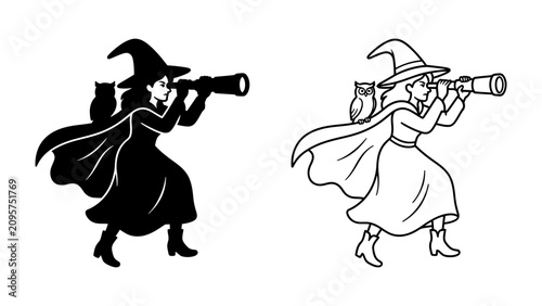 Photos Witch and Familiar with Telescope: A mystical witch, cloaked and hatted, gazes through a telescope, her owl familiar perched on her shoulder, embodying magic and foresight
