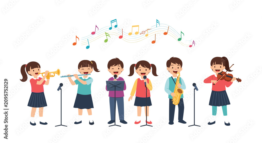 Fototapeta premium Talented group of children perform together in a school band playing instruments like the trumpet, flute, saxophone, and violin.