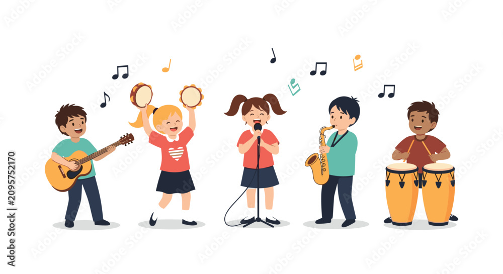 Fototapeta premium Diverse group of children have a great time playing musical instruments like the guitar, drums, and saxophone together.