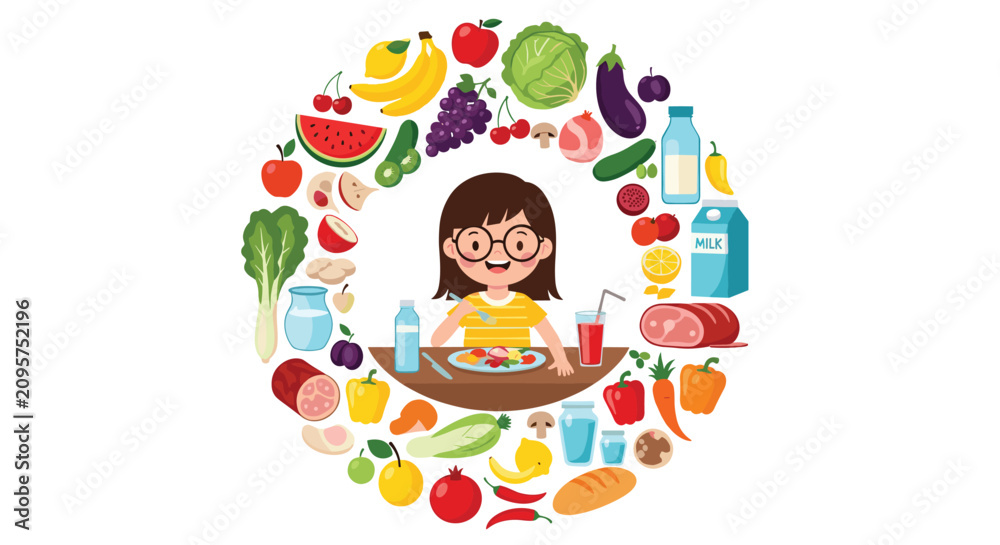 Fototapeta premium Young girl sitting at a table and eating a healthy meal surrounded by a circular arrangement of diverse fresh food items.