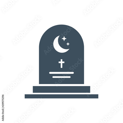 Tablou pe pânză Dark blue tombstone icon with crescent moon and stars, representing afterlife an