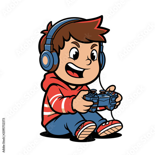 Young boy with headphones playing video games with a controller.