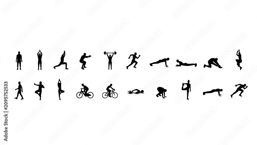 Obraz premium Collection of Black Silhouette Icons Representing Diverse Fitness and Sport Activities, Isolated on White