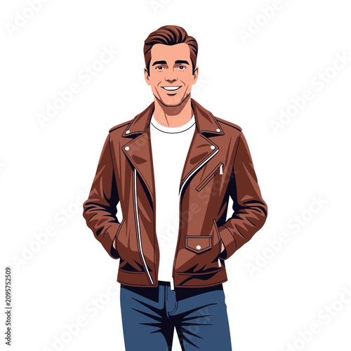 Confident Young Man in Stylish Brown Leather Jacket and Jeans.