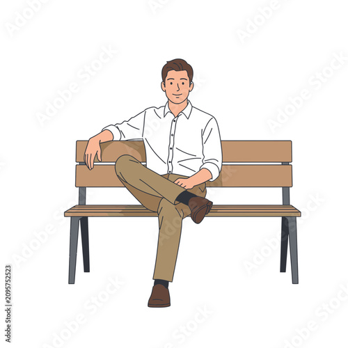 Man in white shirt and brown pants sitting on a bench.