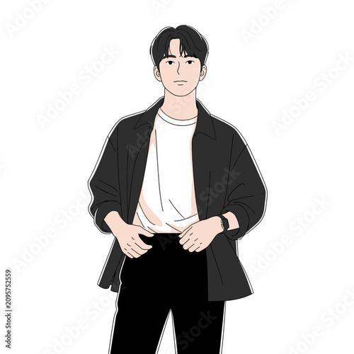 Stylish young man in casual black and white outfit standing confidently.