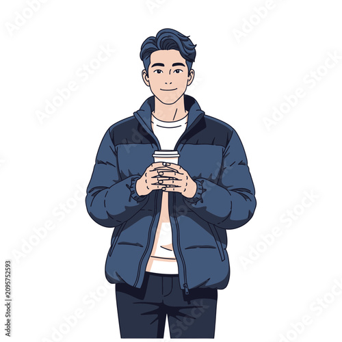 Young man in a puffer jacket holding a coffee cup.