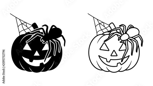 Foto Halloween Pumpkin and Spider: A classic Jack-o'-lantern pumpkin with a menacing spider and web, embodying the spooky spirit of Halloween festivities