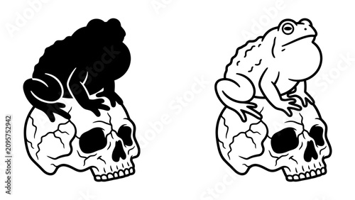 фотографія Frog Sitting on Skull: Two stark images of a frog perched atop a human skull, one a solid black silhouette and the other a detailed illustration, creating a powerful contrast between life and death