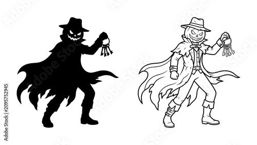 Tableau sur toile Spooky Scarecrow Duo: A sinister scarecrow illustration, depicted in both solid black silhouette and detailed line art, poses menacingly with a handful of straw