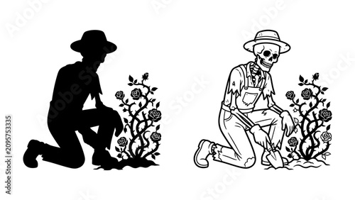 Fotografie Spooky Gardener Silhouette and Outline: A macabre gardener, depicted as a skeleton in a hat and overalls, kneels to tend to a rose bush, presented in both a solid silhouette and a detailed outline