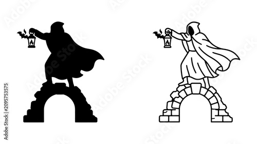 Foto Mysterious Figure with Lantern: A cloaked, hooded figure stands on a stone bridge, holding an old lantern aloft, casting an ethereal glow
