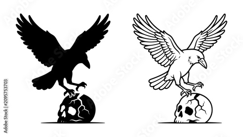 Billede på lærred Raven on Skull: A stark silhouette of a raven perches on a cracked skull, an image evoking mystery and the macabre