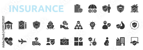 Photos Insurance icon set glyph style with policy, coverage, insured, property, institu