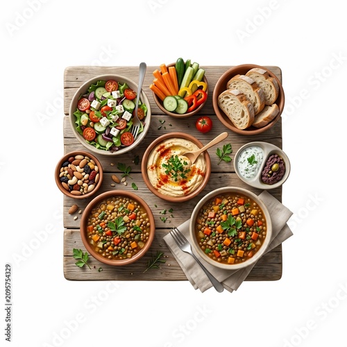 Top view of a variety of healthy Mediterranean food dishes including hummus, lentil soup, and fresh salad on a wooden board