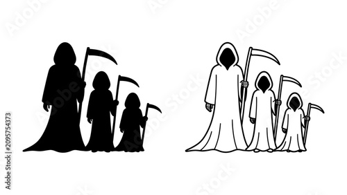 Fotografía The Grim Reaper Family Silhouette: Three figures representing the Grim Reaper, each holding a scythe, are depicted in both silhouette and outline, symbolizing mortality and the passage of time