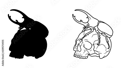 Bild auf Leinwand Scary Duo: A stark silhouette and line drawing depict a rhinoceros beetle perched atop a human skull, evoking a sense of macabre artistry