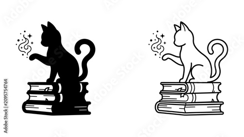 Fotografía Magic Cat and Spellbound Books: A whimsical silhouette of a cat sits atop a stack of antique books, its paw conjuring sparkling magic, representing enchantment and the allure of reading