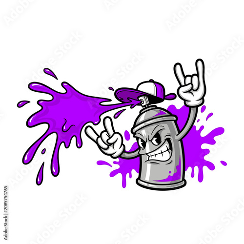 Graffiti Spray Can Character Rocking Out with Purple Paint Splatter.