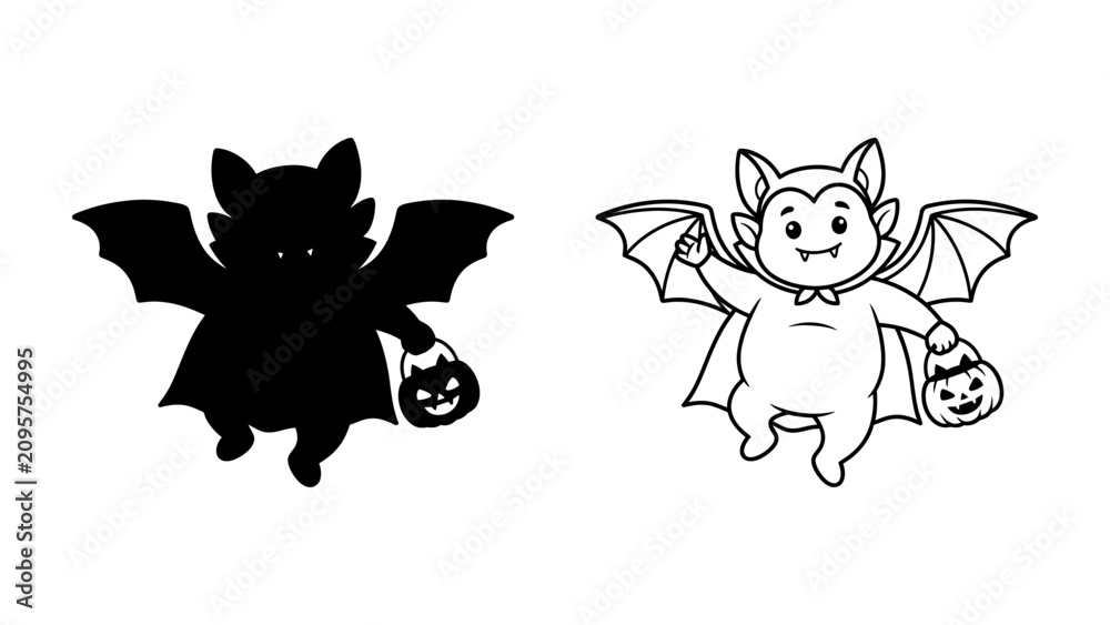 Fototapeta premium Halloween Bat with Candy Bag: A cute, cartoonish vampire bat character, depicted in both silhouette and line art, hovers in the air with outstretched wings, holding a jack-o'-lantern candy bag.