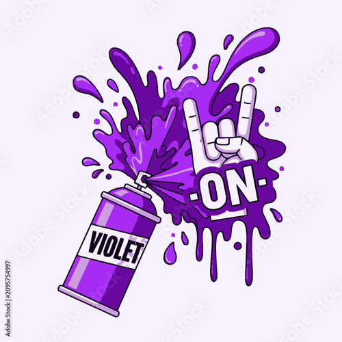 Violet Spray Paint Can with Rock On Hand Gesture and Paint Splatter.