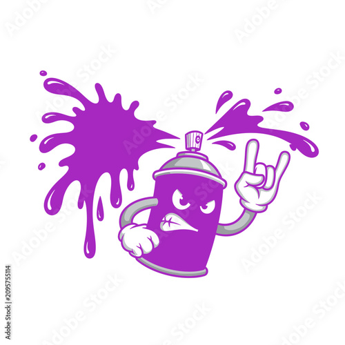 Purple spray paint can cartoon character making rock and roll gesture.