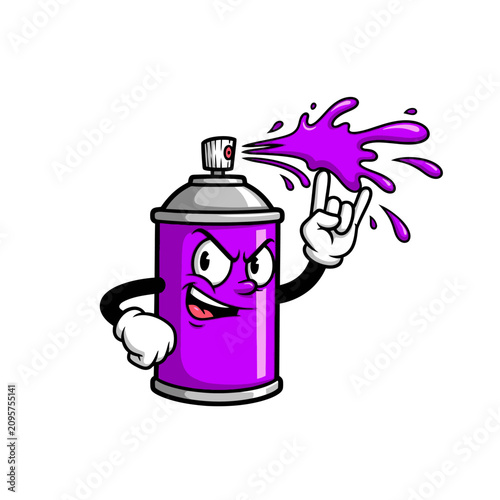 Purple spray paint can cartoon character spraying paint and making rock gesture.