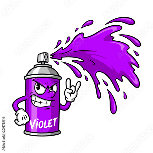 Purple spray paint can cartoon character spraying violet paint.