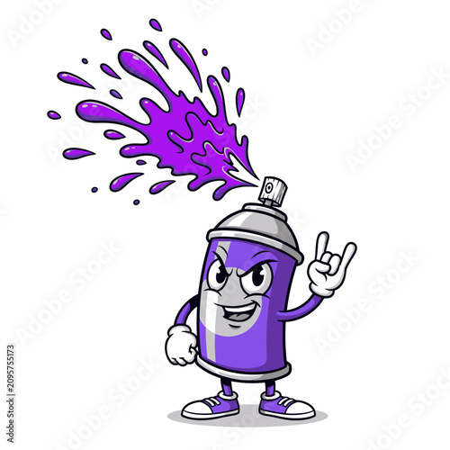 Purple Spray Paint Can Cartoon Character with Rock and Roll Hand Gesture.