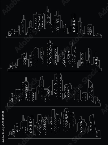 Cityscape silhouette collection. City buildings, night town and horizontal urban panorama silhouettes set. Skyline with windows in a flat style