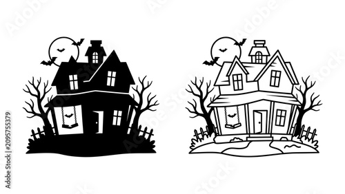 Принти на полотні Haunted House Duo: A spooky, old house illustrated in silhouette and line art, featuring bats, a moon, and bare trees, perfect for Halloween themes