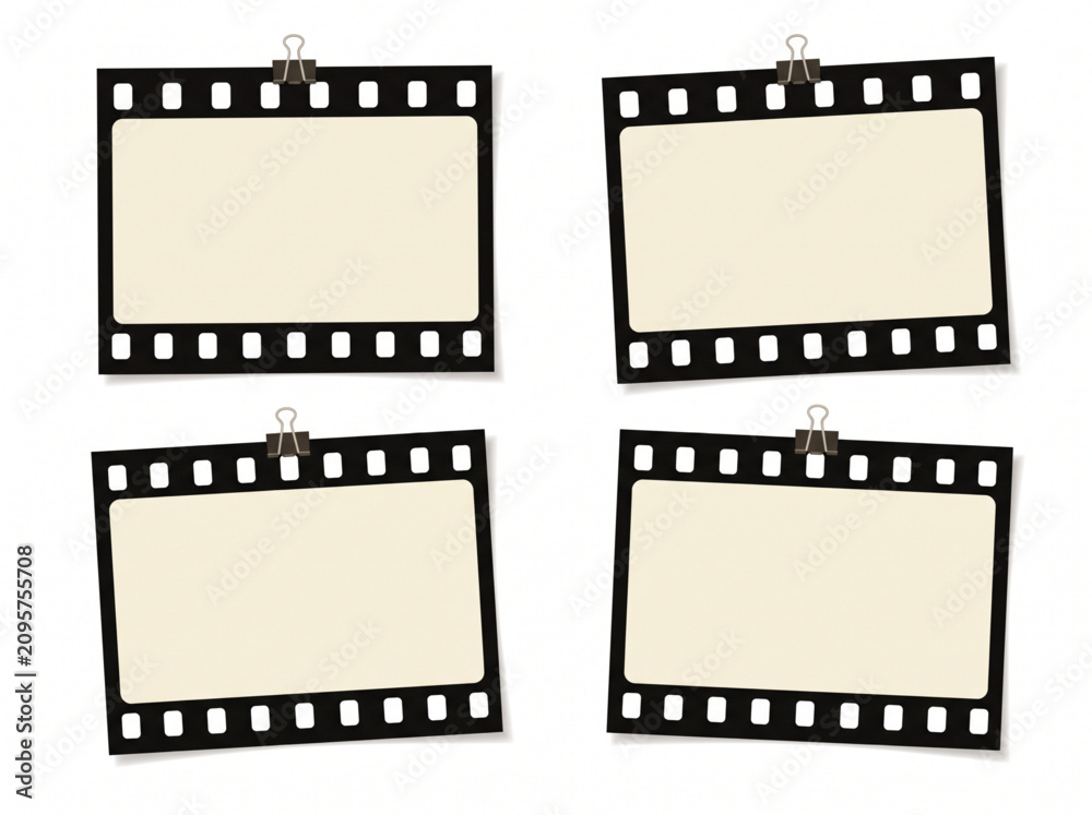 Fototapeta premium Set of four blank film strip photo frames with binder clips for mockup and overlay effect. Realistic vintage cinema movie roll frame template with shadow on white background for photography art.