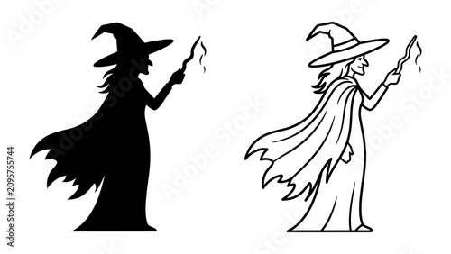 Tableau sur toile Witch Silhouette and Outline: A magical witch rendered in a striking black silhouette and a detailed line art outline, both holding a wand emitting a spark of magic