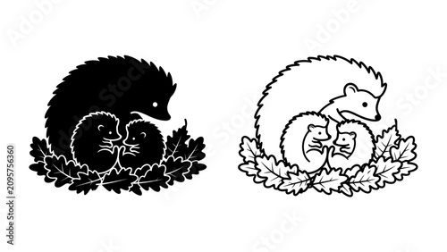 фотографія Hedgehog Family Silhouette: A tender illustration depicts a mother hedgehog protectively nestled with her two young ones amidst a bed of fallen oak leaves