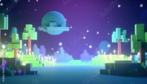 Enchanting Voxel Landscape Under a Starry Night Sky with UFO