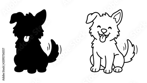 Bild auf Leinwand Happy Dog Duo: A cheerful cartoon dog with its tongue out and a wagging tail sits happily next to its solid black silhouette, showcasing a simple, playful illustration style
